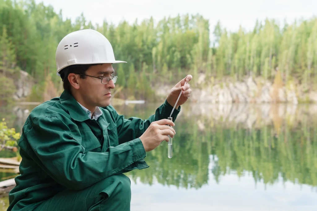 man wearing a white helmet testing groundwater for NEPA