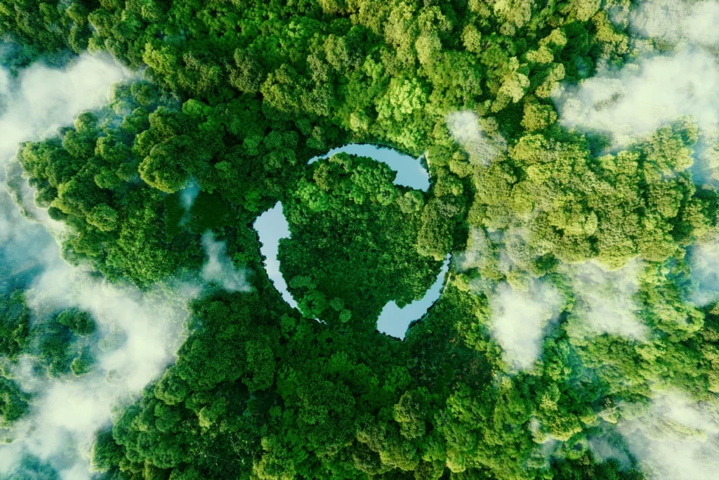 ai generated image of a forest with 3 lakes shaped like arrows and pointing in a circular manner