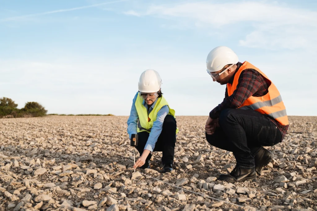 phase I ESAs being performed by two specialists a man and a woman wearing hardhats