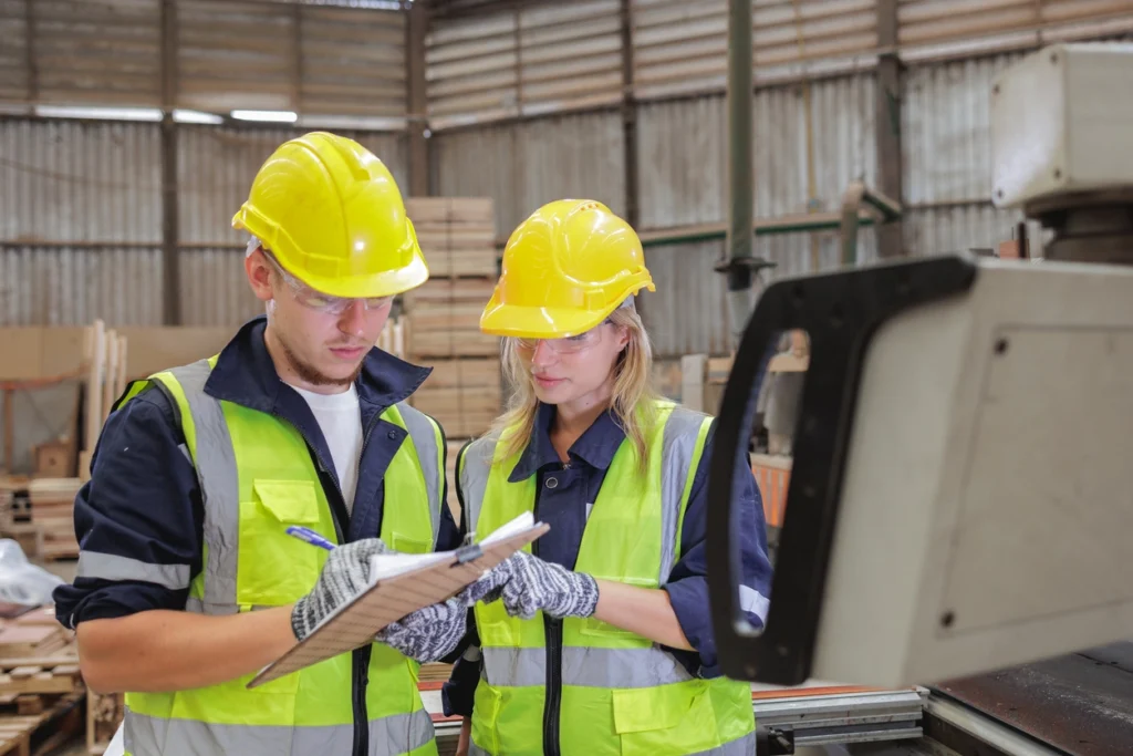 a man and a woman wearing yellow hard hats checking Phase I ESA standards
