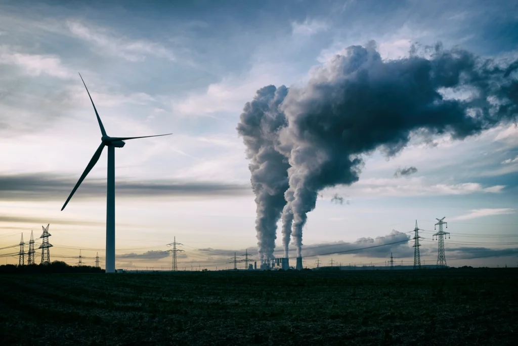 background are air emissions from chimneys with windmills in the forefront