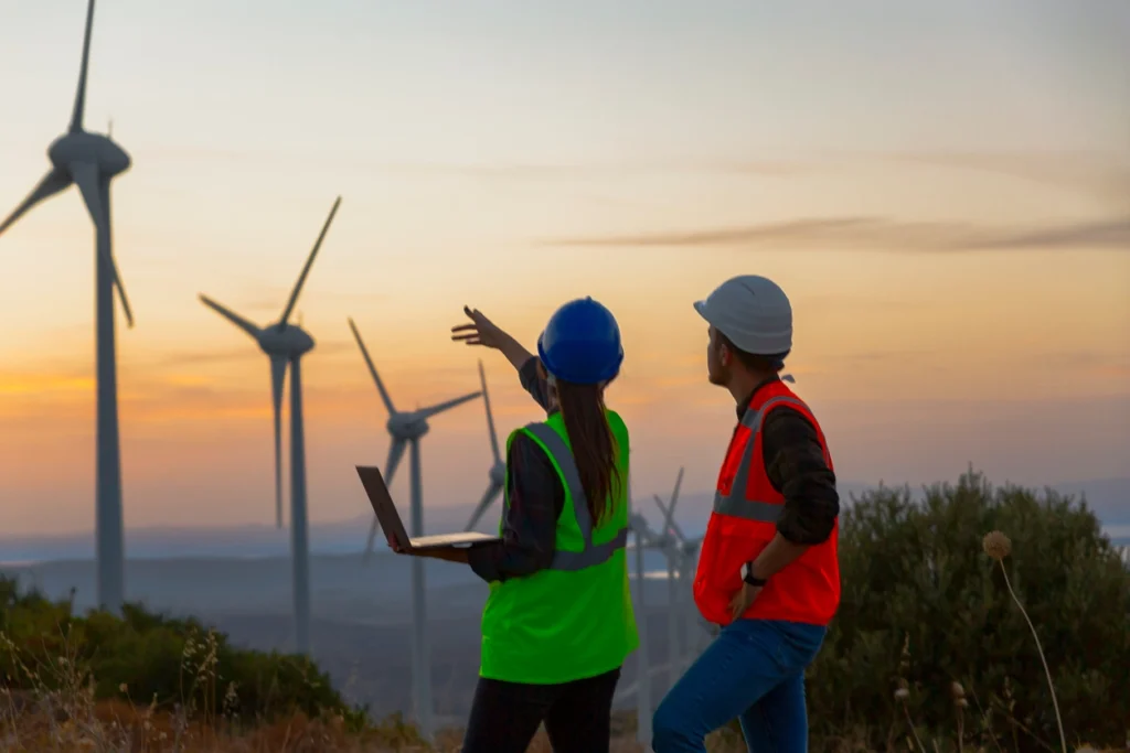 environmental resource management experts talking with windmills in the background