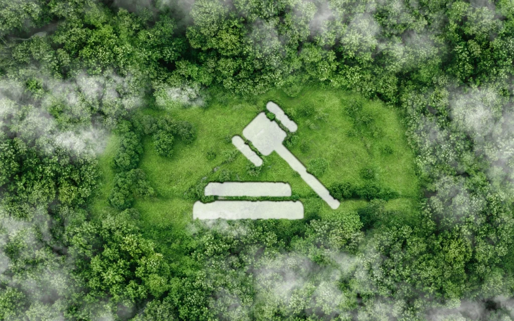 a top view of a forest with AI generated plot of land shaped like a judges hammer