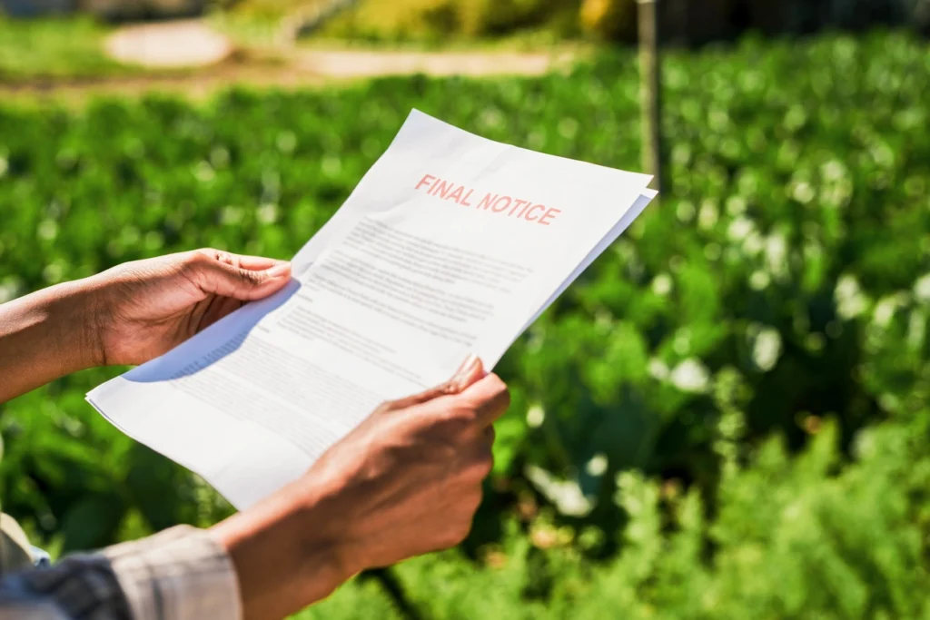 a man holding a piece of paper with the words final notice in it