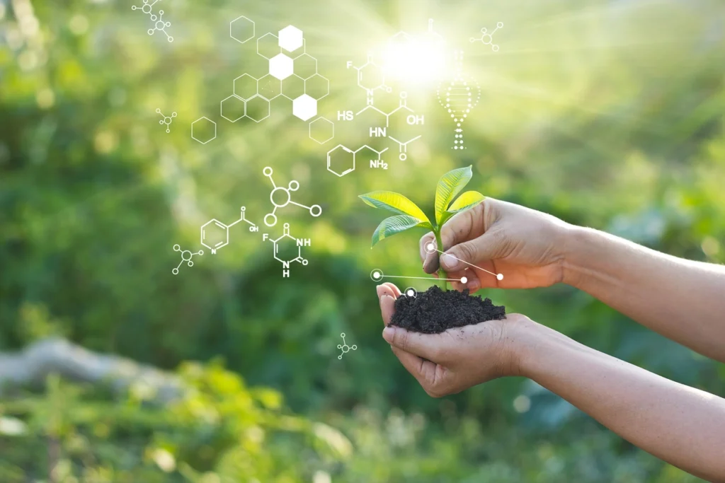 a woman holding soil and a plant with biology icons hovering above